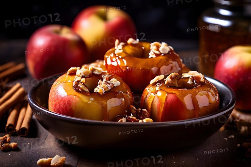 Warm baked apples stuffed with cinnamon nuts and honey cascading with spiced maple syrup, AI generated
