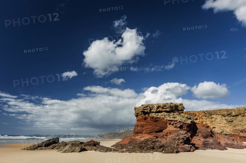 Algarve beach, wide, red rock, rocky coast, nobody, clear, blue sky, cloud, summer holiday, beach holiday, sea, ocean, Atlantic, Atlantic Ocean, sandy beach, coast, Atlantic coast, national park, geography, climate, travel, neutral, empty, sun, nature, natural landscape, beach landscape, surfer beach, Aljezur, Carrapateira, Sagres, Portugal, Europe