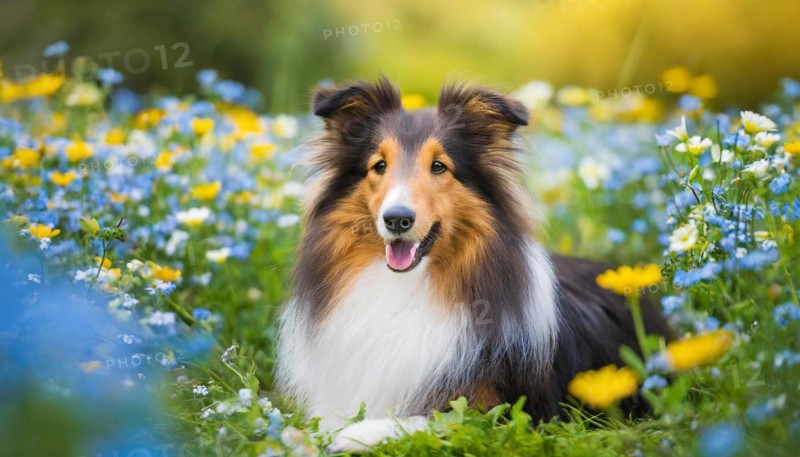 AI generated, A long-haired collie lies in a colourful meadow of flowers