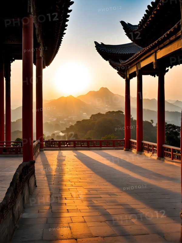 Shaolin temple at sunset, AI generated