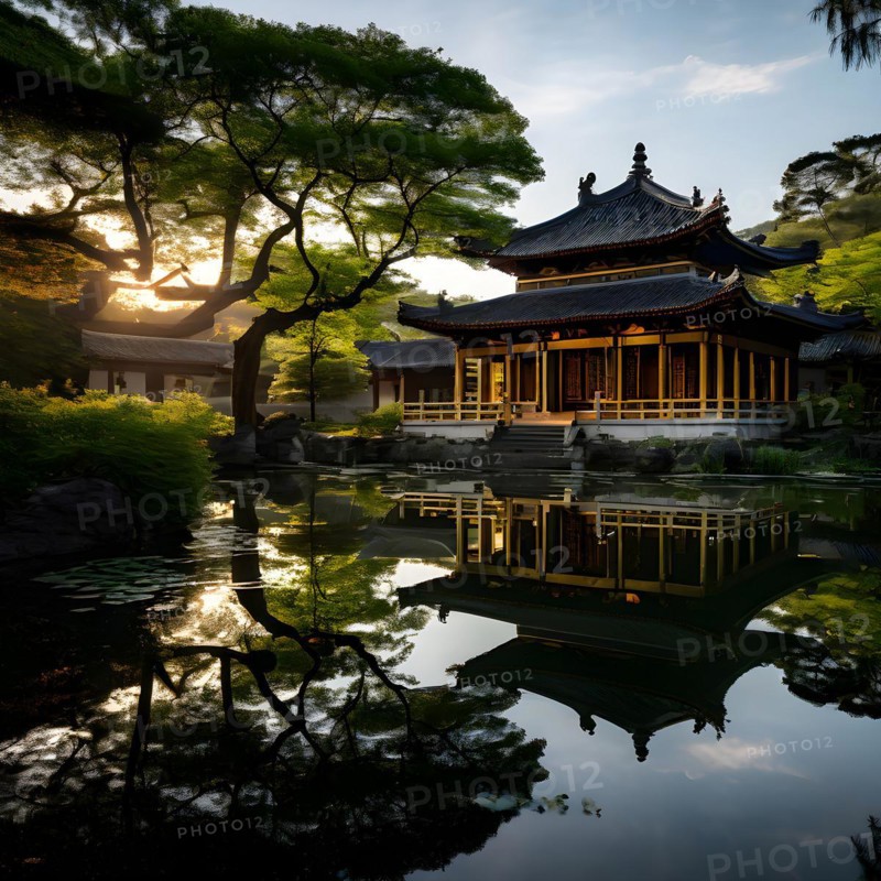Shaolin temple mirrored perfectly in undisturbed waters, AI generated