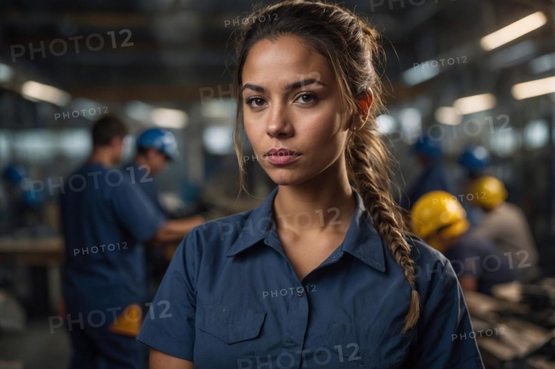 A woman in a blue shirt with a braid looks focused in a workshop setting, blurry selective focus background, bokeh, AI generated