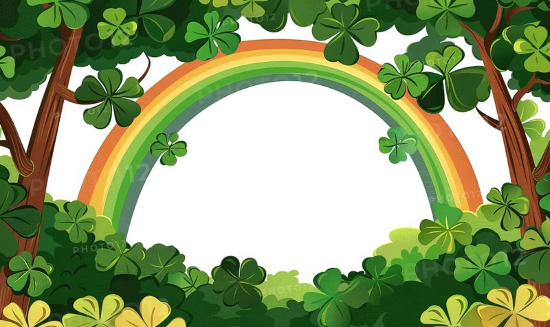 Vibrant cartoon style rainbow and clovers with trees AI generated