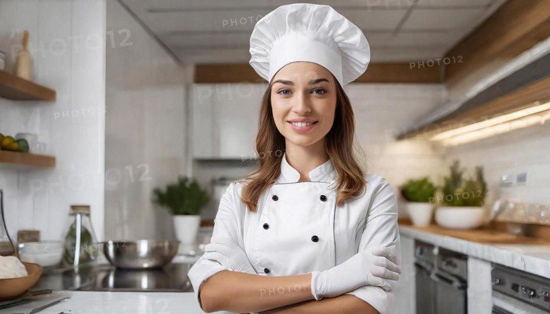 AI generated, An attractive blonde chef in the kitchen of a hotel