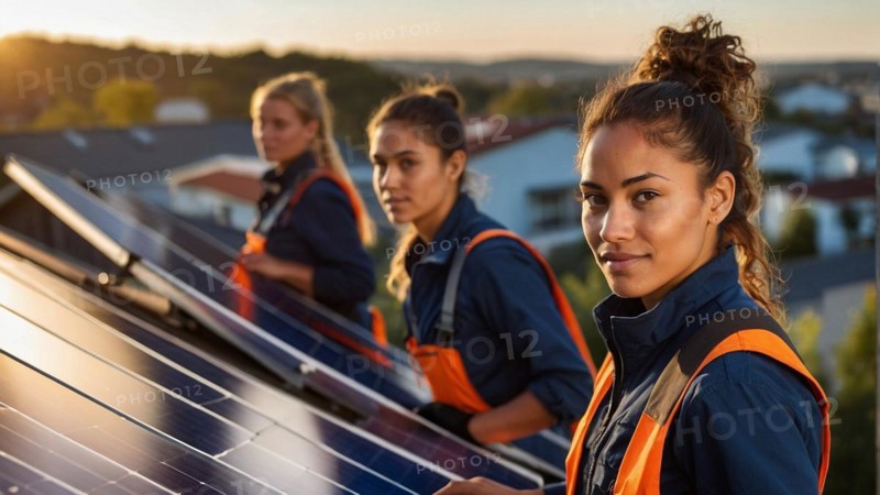 Team of solar panel technicians on a roof at dusk in a residential neighborhood, blurry selective focus background, bokeh, AI generated