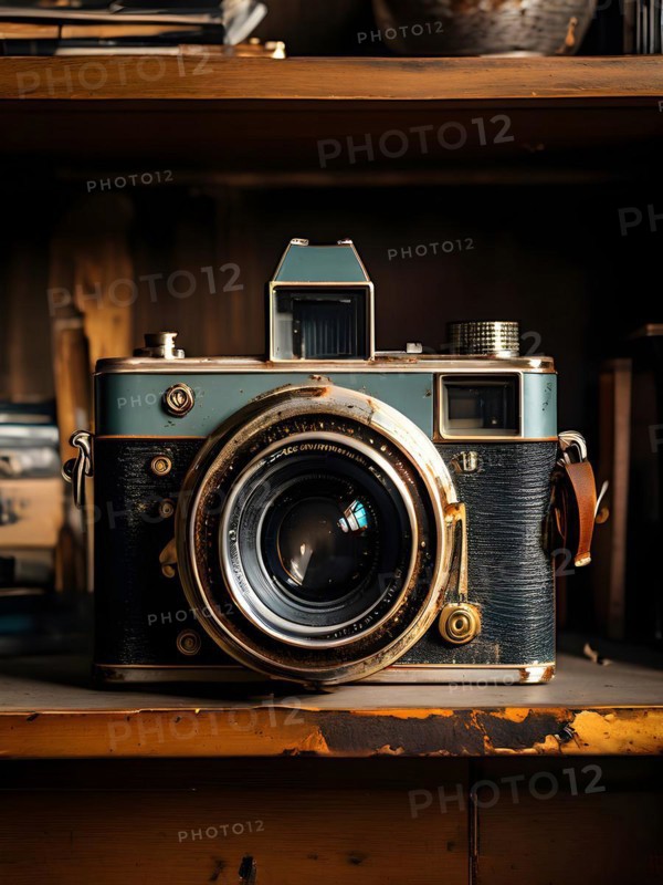 Classic vintage camera exhibiting peeling paint and textured rust, AI generated