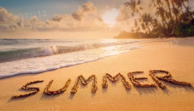 Summer word written in the sand on a tropical beach. Aestival season starts. AI generated art