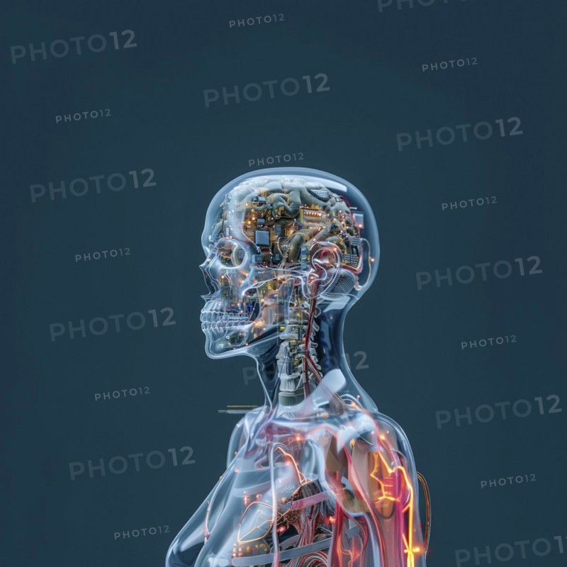 Medical a human head with brain and computer chip, symbol image KI in the human brain, ai generated, AI generated