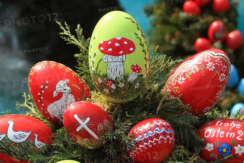 Detail of an Easter fountain in Franconian Switzerland, Bamberg district, Upper Franconia, Germany, many colourful blown-out and dyed eggs as decoration, Easter custom, Europe