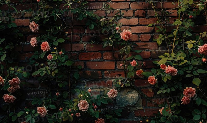 Shadows play across a wall with deep green leaves and dark pink roses AI generated