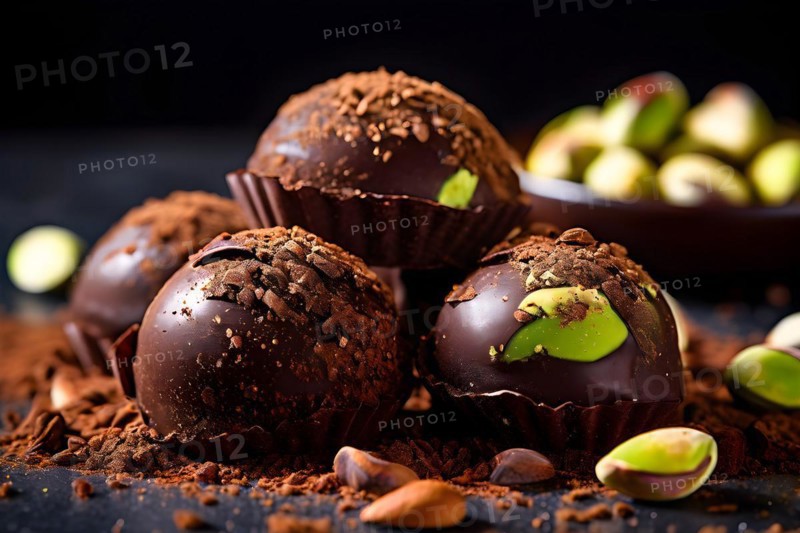 Vegan dark chocolate and almond truffles cocoa powder dusting nestled in crushed pistachios, AI generated