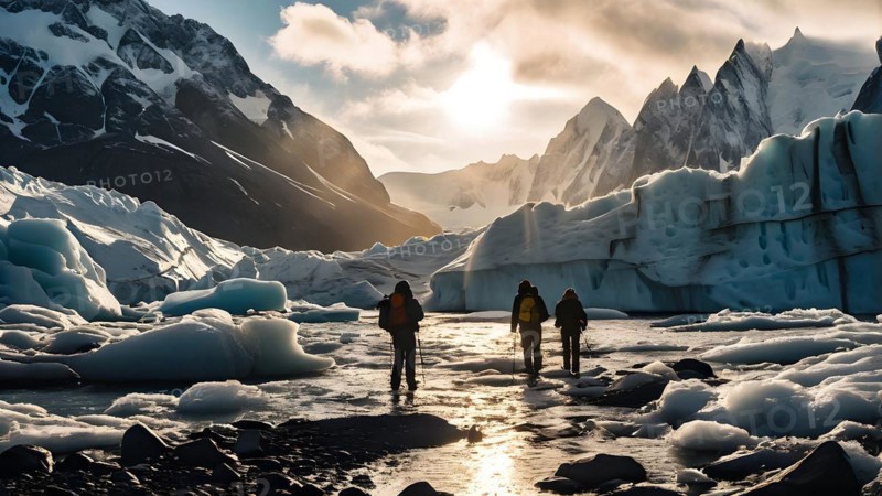 Tourists clad in vivid cold weather attire exploring the melting glaciers their expressions, AI generated