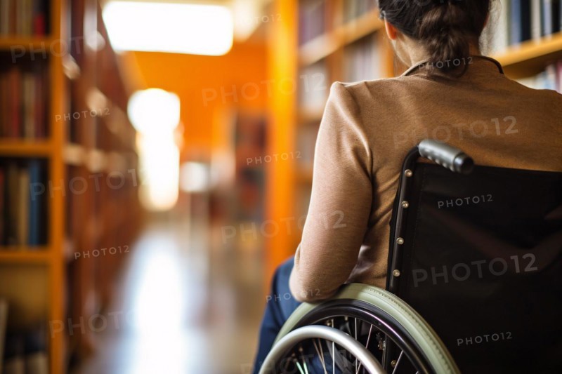 Back view of woman in wheelchair in university or college library. KI generiert, generiert AI generated