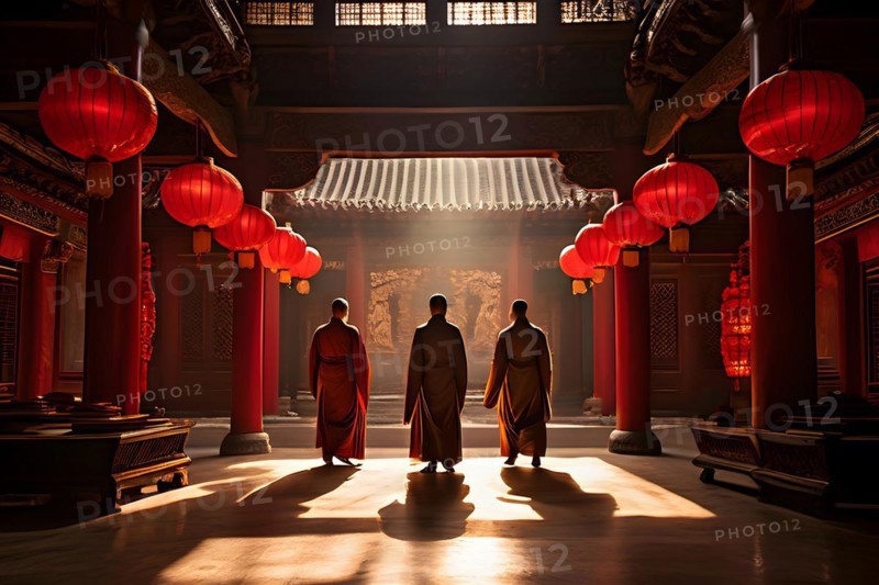 Shaolin temple interior with red lanterns, AI generated