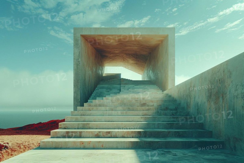Minimalist concrete staircase with a textured finish under a clear sky in a desert landscape, AI generated
