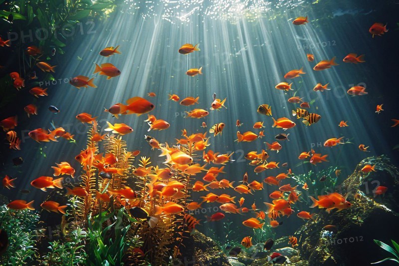 Sunrays filter through water onto a tranquil scene with orange fish and aquatic plants, AI generated