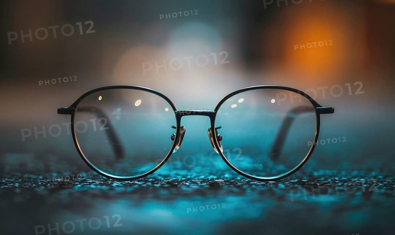 Wet surface reflecting city lights with round frame eyeglasses in the foreground AI generated