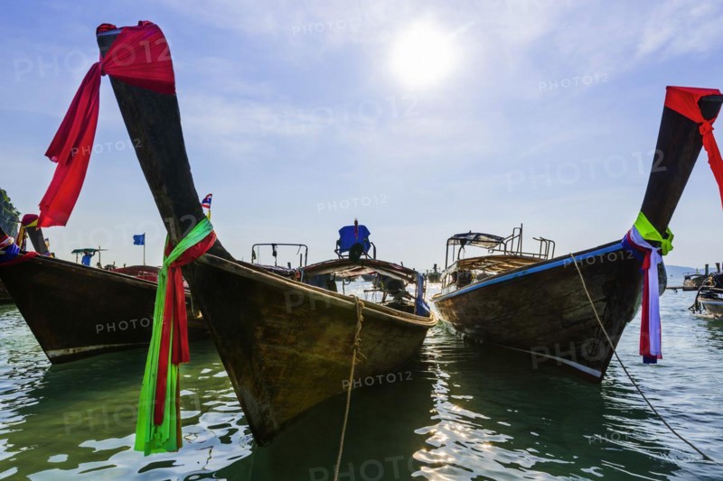 Longtail boat for transporting tourists, water taxi, taxi boat, ferry, ferry boat, fishing boat, wooden boat, boat, decorated, tradition, traditional, bay, sea, ocean, Andaman Sea, tropics, tropical, water, travel, tourism, paradise, beach holiday, sun, sunny, holiday, dream trip, holiday paradise, paradise, nature, idyllic, turquoise, Siam, exotic, travel photo, Krabi, Thailand, Asia