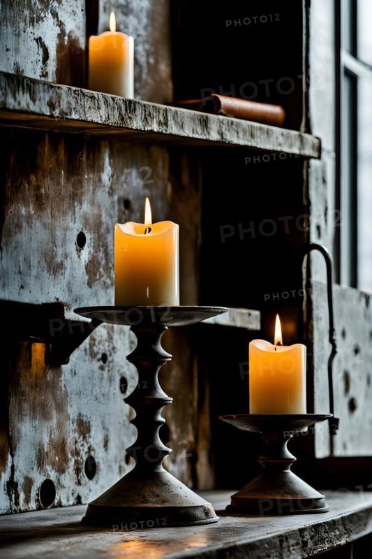 Vintage cast iron candle holders peeling paint rust texture, AI generated