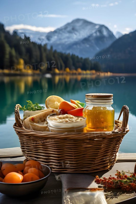 Woven basket filled with glass jars homemade hummus carrot sticks, AI generated