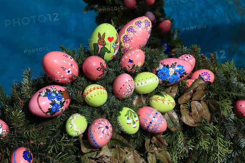 Detail of an Easter fountain in Franconian Switzerland, Bamberg district, Upper Franconia, Germany, many colourful blown-out and dyed eggs as decoration, Easter custom, Europe