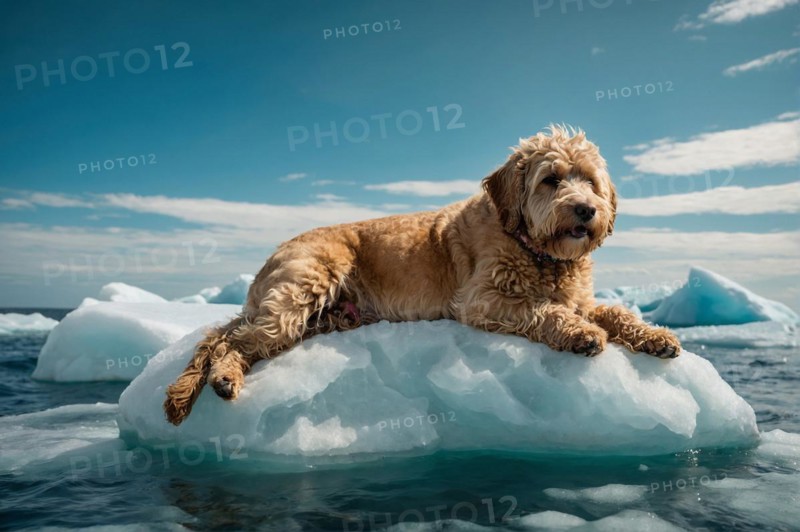 Relaxed labradoodle lagotoo dog lounging on an ice floe with a serene expression, alone isolated in the artic sea. Environmental and climate change issues concept, AI generated