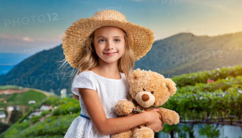 Ai generated, A blonde girl, 8 years old, enjoys the summer in a meadow with lots of flowers and is happy about her teddy bear, mascot