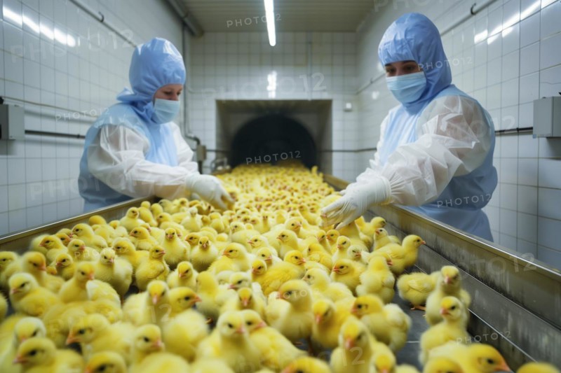 Male chicks on a conveyor belt. In poultry production, chick killing or chick shredding refers to the routine killing of day-old chicks that are no more than one day old. AI generated, AI generated, AI generated