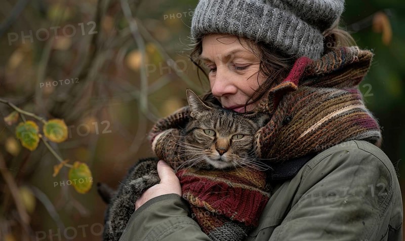 A woman warmly dressed in winter attire embraces a cat, showcasing a bond of affection AI generated