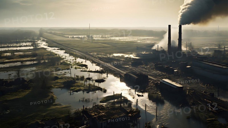Aerial perspective captures devastated agricultural landscapes immersed in floodwaters, AI generated