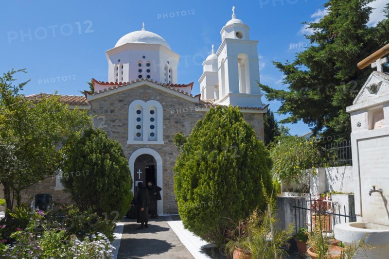 Bright church with domes under a clear blue sky, nunnery, Holy Monastery of Timi Prodromos, Byzantine fortress, Koroni, Pylos-Nestor, Messinia, Peloponnese, Greece, Europe