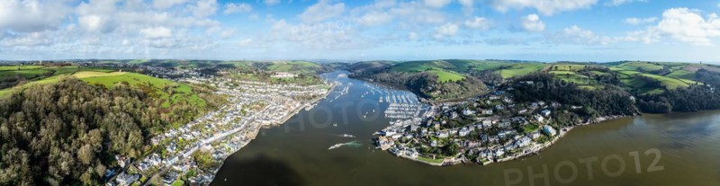 Panorama over Dartmouth and Kingswear over River Dart from a drone, Devon, England, United Kingdom, Europe