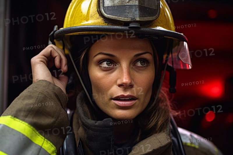 Female firefighter with yellow safety helmet. KI generiert, generiert AI generated