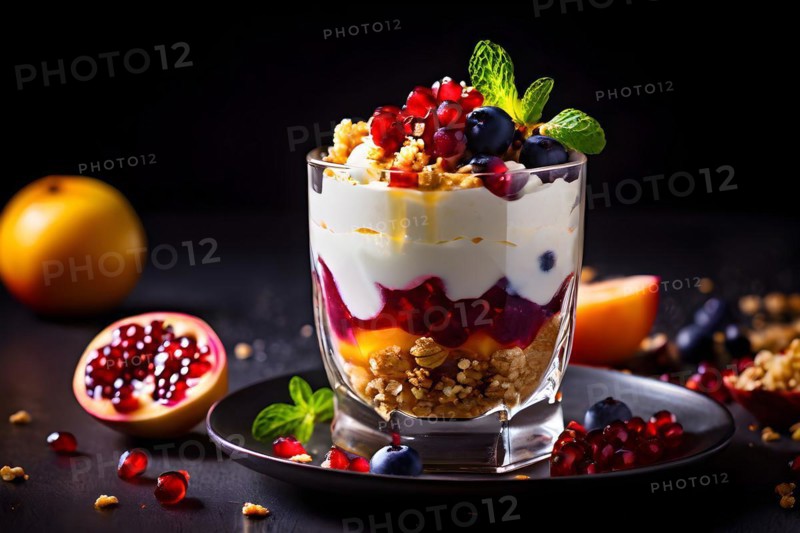 Parfait glass greek yogurt with textured layering visible granola, AI generated