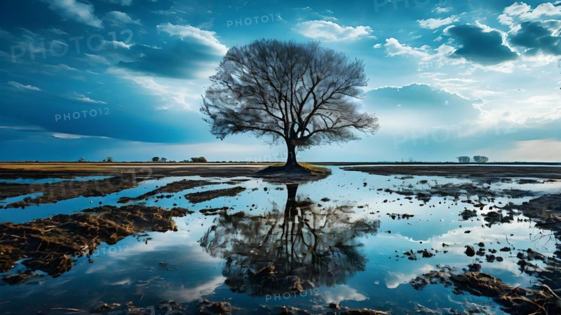 Lonet ree exemplifies resilience surrounded by a vast expanse of a flooded field, AI generated