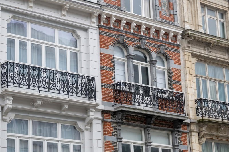 Detailed view of a classically designed brick facade with white window frames, Blankenberge, Flanders, Belgium, Europe