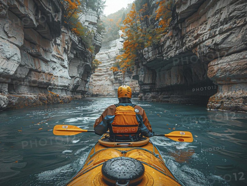 Whitewater riders ride boats through rapids, AI generated
