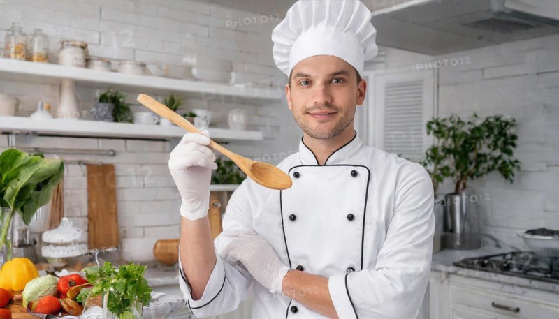 AI generated, portrait, an attractive chef in the kitchen of a hotel