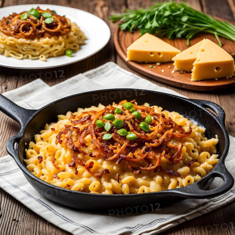 Cheese spaetzle nestled in a cast iron skillet strands of golden cheese, AI generated