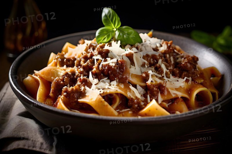 Pappardelle pasta entangled in a savory wild boar ragu, AI generated