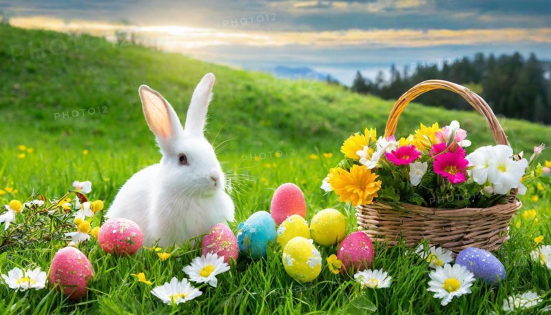 Ai generated, An Easter basket with coloured eggs in a meadow with colourful flowers, in the basket a white rabbit, symbolic picture Easter, animal children, dwarf rabbit