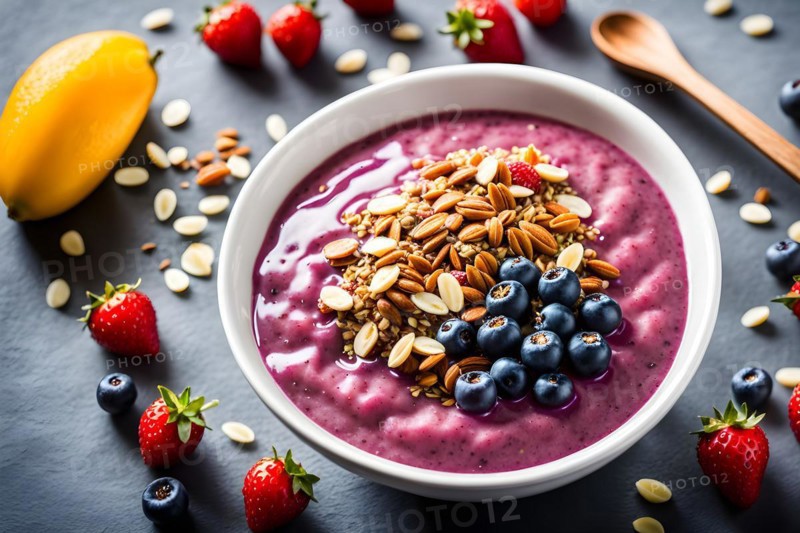 Acai bowl smoothie brimming with energy for a healthy breakfast garnished with crunchy granola, AI generated