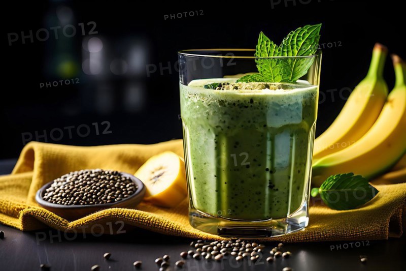 Protein packed smoothie mingling spirulina hemp seeds banana housed, AI generated