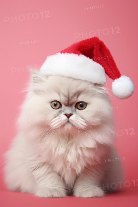 White Persian cat with red Christmas Santa hat in front of pink studio background. rae dunn rice, AI generated