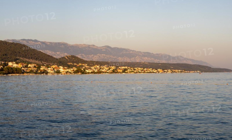 Evening light over a bay near the town of Rab, panoramic shot, island of Rab, Kvarner Gulf Bay, Croatia, Europe