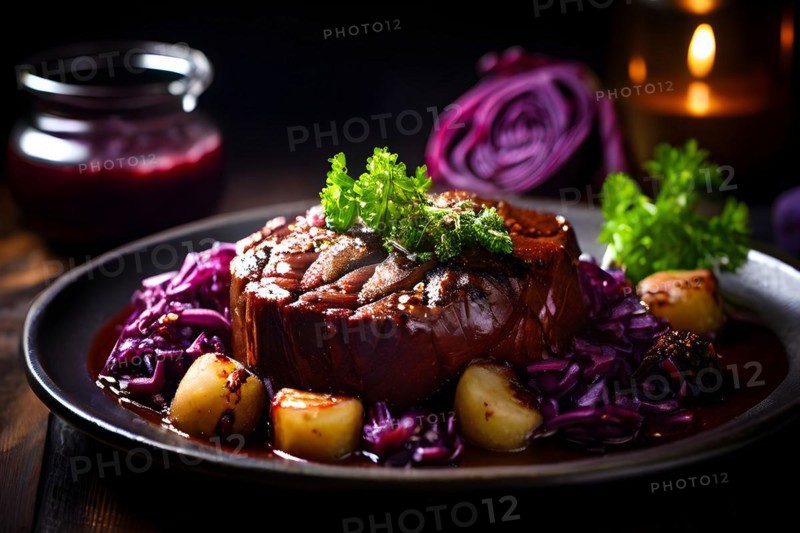 Sauerbraten glistening with a rich sauce, AI generated
