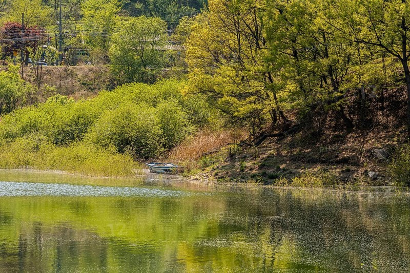 Landscape of river bank with trees and bushes on the riverbank and a small boat next to bank in South Korea