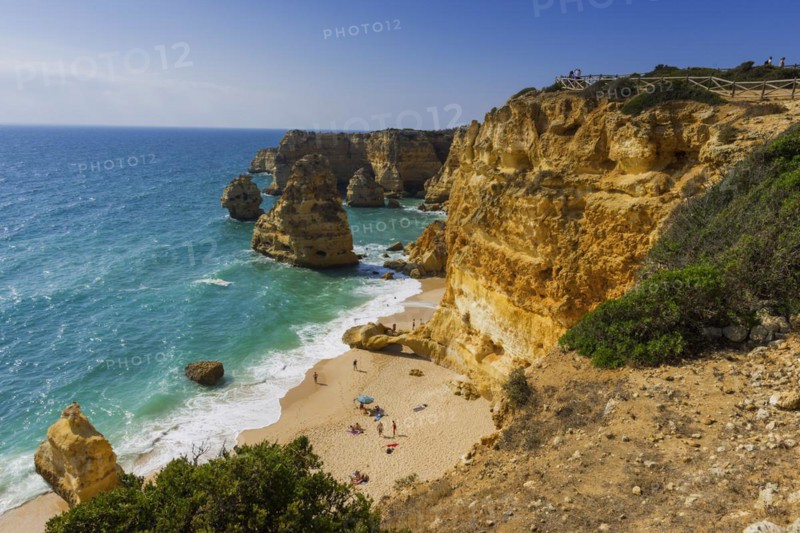 Beach, beach area in the Algarve, summer holiday, weather, sunny, Atlantic, beach, beach holiday, summer holiday, travel, holiday, tourism, nature, rocky, rocks, landscape, coastal landscape, rocky coast, cliffs, bay, bay of the sea, sea, Carvoeiro, Portugal, Europe