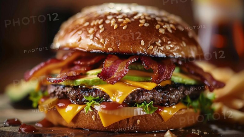 Juicy cheeseburger with crispy bacon, melted cheese, and fresh lettuce on a sesame seed bun, ai generated, AI generated