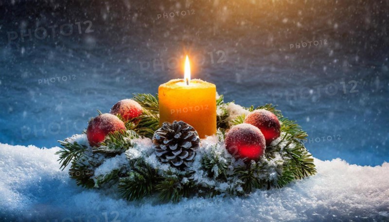 Ai generated, Advent wreath with burning candles, Christmas time, Christmas decoration, First Advent, 1st Advent